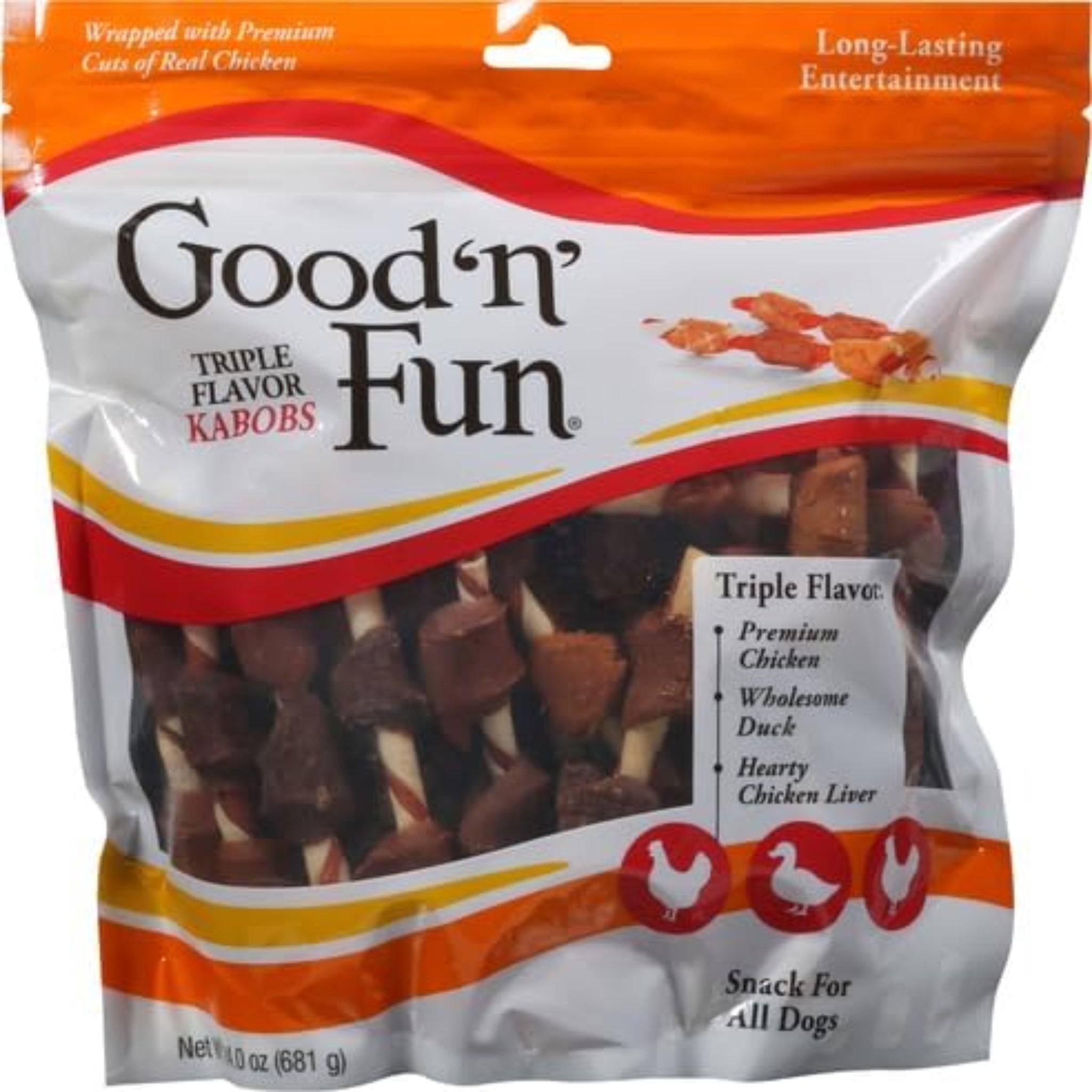 Good ‘n’ Fun Triple Flavor Kabobs Chews for Dogs, 24 Ounces, Made from Beef Hide, Pork Hide