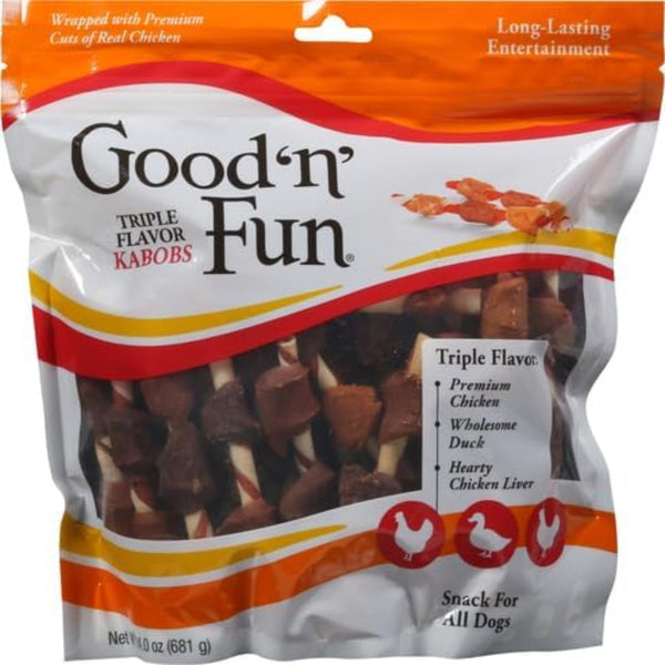 Good ‘n’ Fun Triple Flavor Kabobs Chews for Dogs, 24 Ounces, Made from Beef Hide, Pork Hide
