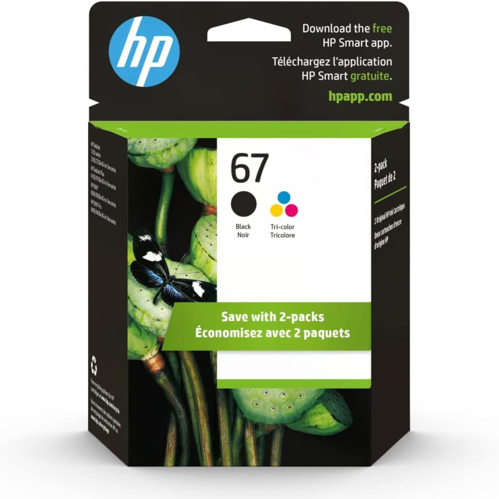 HP 67 Black/Tri-color Ink Cartridges for HP Printers | Works with Printer Series: DeskJet 1255, 2700, 4100; ENVY 6000, 6400