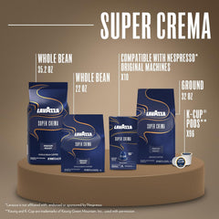 Lavazza Super Crema Whole Bean Coffee, Espresso Roast, Arabica and Robusta Blend, 2.2 lb Bag (Pack of 1)