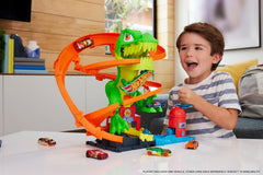 Hot Wheels Toy Car Track Set, City T-Rex Blaze Battle Playset & 1:64 Scale Die-Cast Vehicle, 18” Tall
