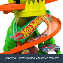 Hot Wheels Toy Car Track Set, City T-Rex Blaze Battle Playset & 1:64 Scale Die-Cast Vehicle, 18” Tall