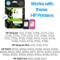 HP 67 Black/Tri-color Ink Cartridges for HP Printers | Works with Printer Series: DeskJet 1255, 2700, 4100; ENVY 6000, 6400