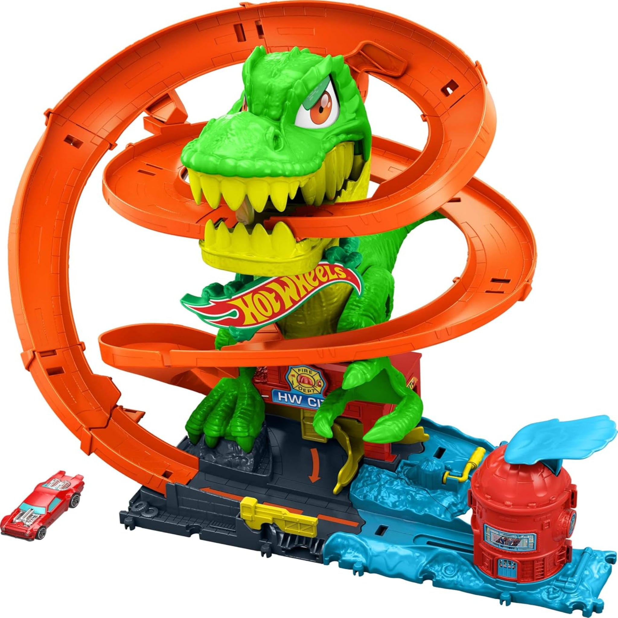 Hot Wheels Toy Car Track Set, City T-Rex Blaze Battle Playset & 1:64 Scale Die-Cast Vehicle, 18” Tall