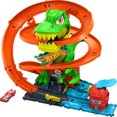 Hot Wheels Toy Car Track Set, City T-Rex Blaze Battle Playset & 1:64 Scale Die-Cast Vehicle, 18” Tall