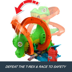 Hot Wheels Toy Car Track Set, City T-Rex Blaze Battle Playset & 1:64 Scale Die-Cast Vehicle, 18” Tall