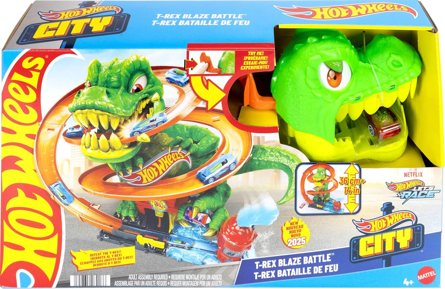 Hot Wheels Toy Car Track Set, City T-Rex Blaze Battle Playset & 1:64 Scale Die-Cast Vehicle, 18” Tall
